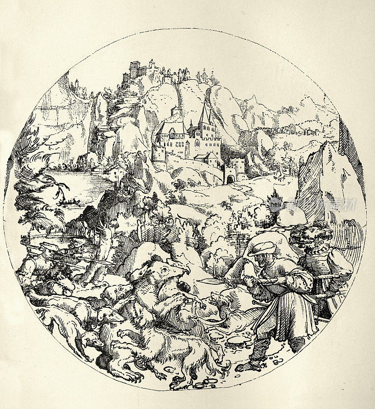 The Bear Hunt, German etching, Hunting dogs attacking a bear, hunters armed with spears, 16th Century .Die b?renjagd by  Hans Burgkmair